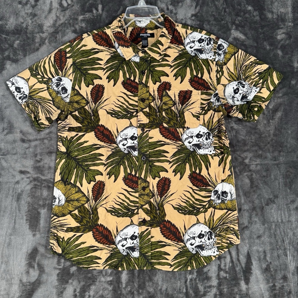 RSQ Short Sleeve Shirt Mens Sz Large Button-Up With Skull Palm Tree Print Summer